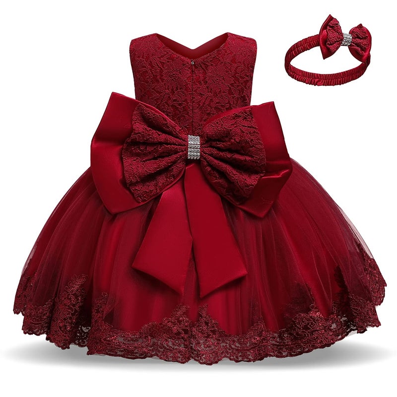 NNJXD Baby Girls Lace Dress Bowknot Flower Dresses Wedding Pageant Baptism Christening Tutu Gown Size (80) 6-12 Months #Red - Image 1